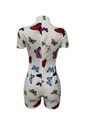 Butterfly Print Mock Neck Romper Jumpsuit Short Sleeve Casual Women's Clothing