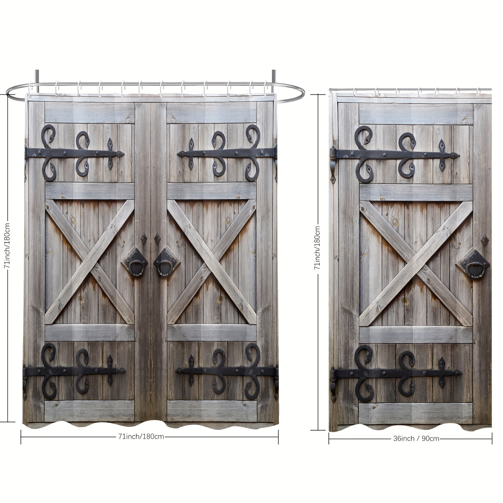 Gray Barn Door Vintage Fabric Shower Curtain Waterproof w/ Plastic Hooks