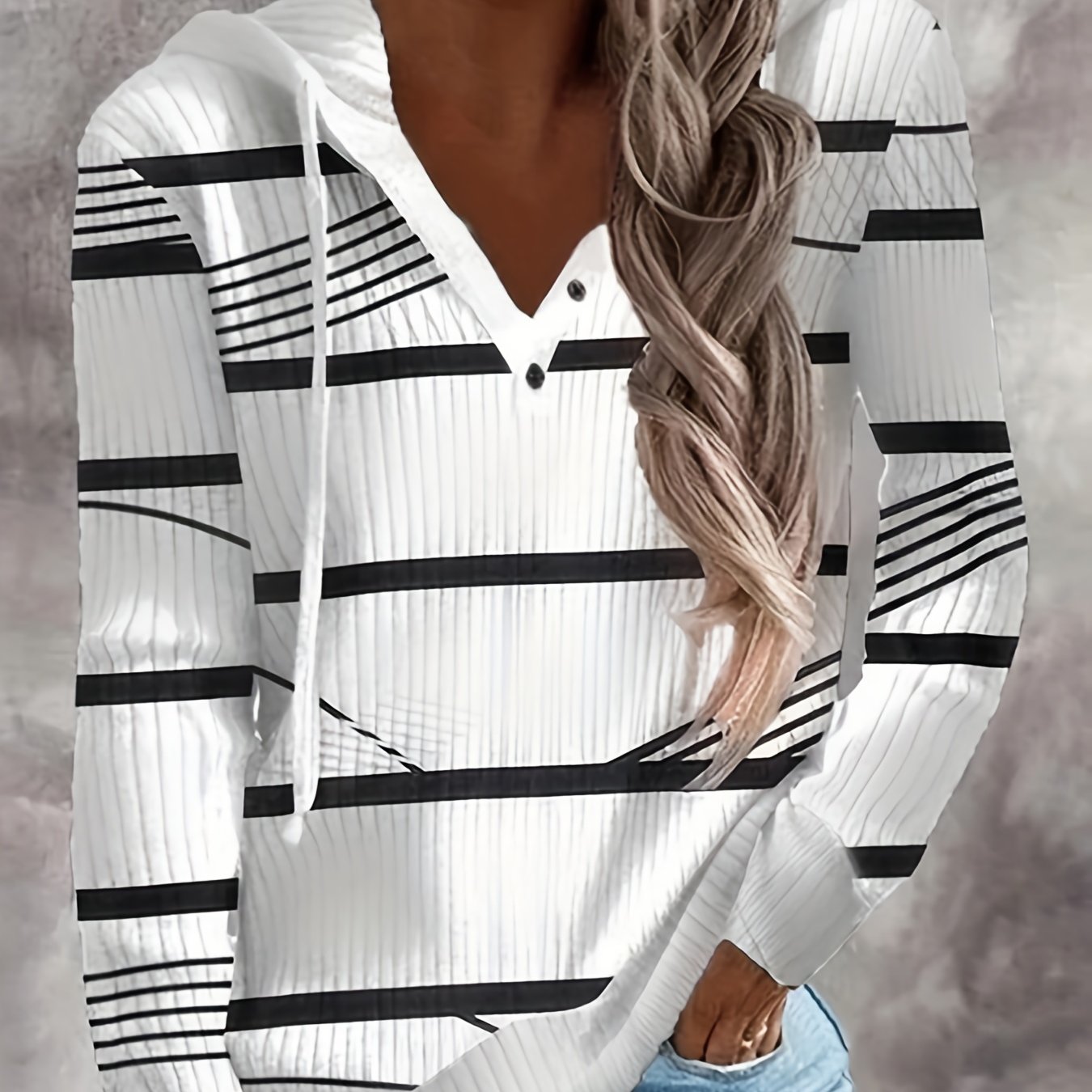 Stripe Print Drawstring Hoodie Button Front Long Sleeve Hoodies