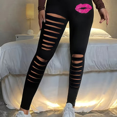 Women's Kiss Print Ripped Leggings