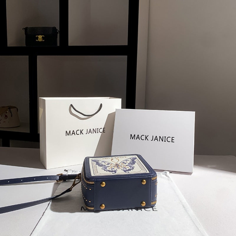 Women's Square Handbag Second Layer Leather Purse Navy
