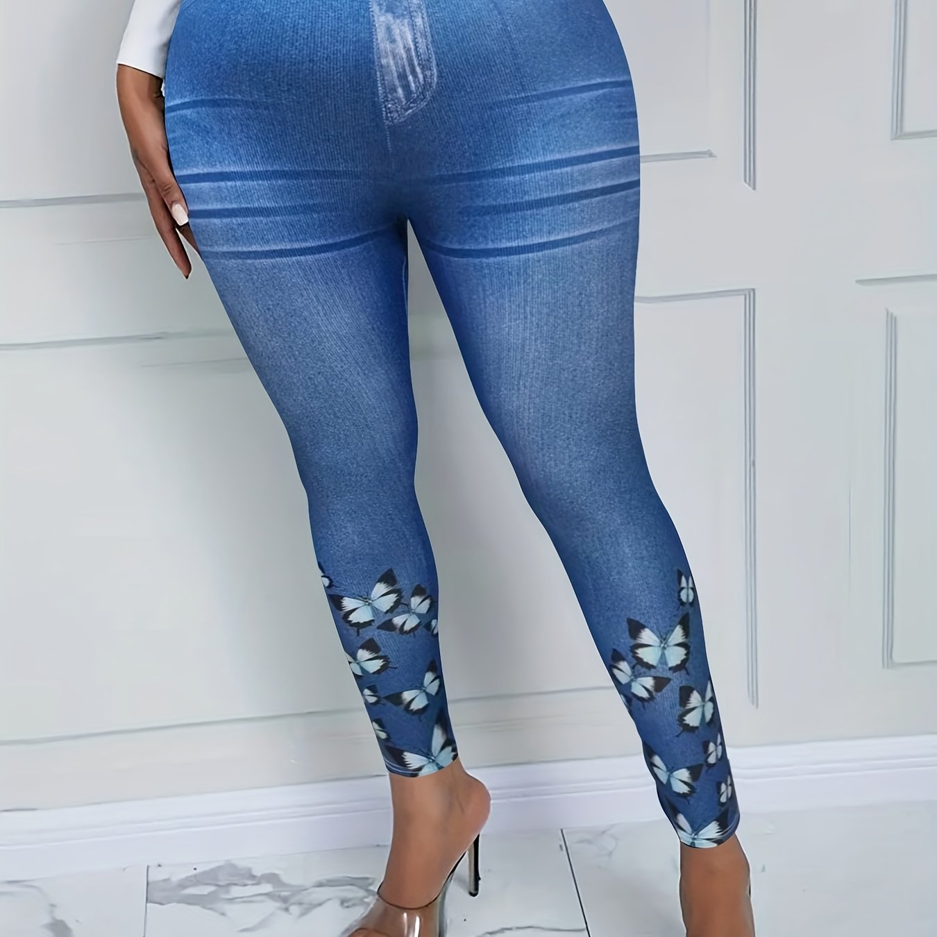 Denim & Butterfly Print Stretchy Leggings
