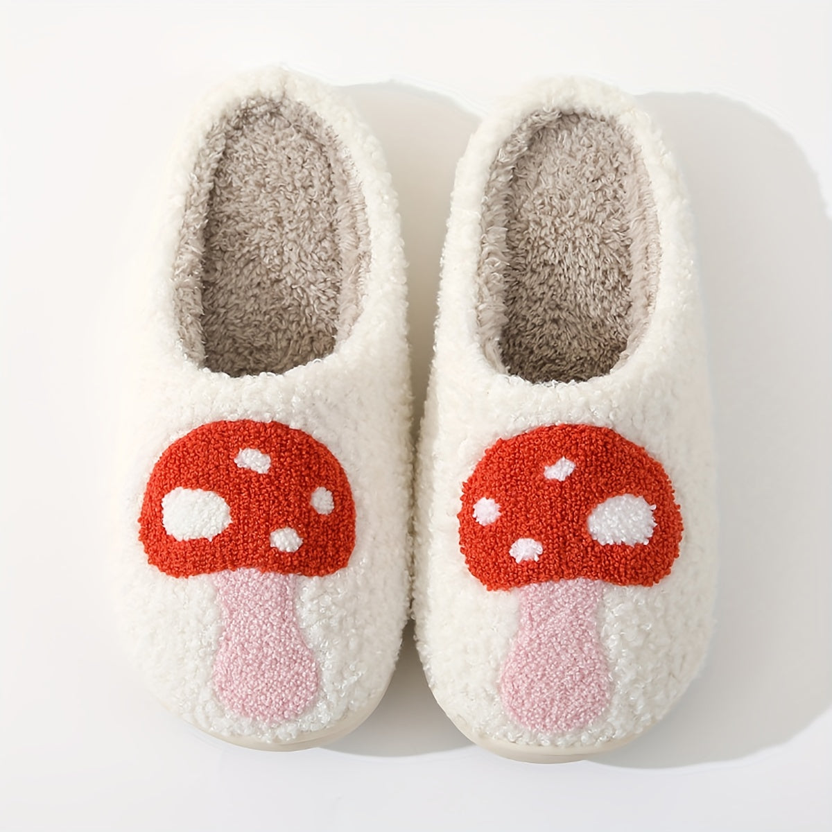 Women's Mushroom Print Fuzzy Slippers Closed Toe Warm Plush Shoes