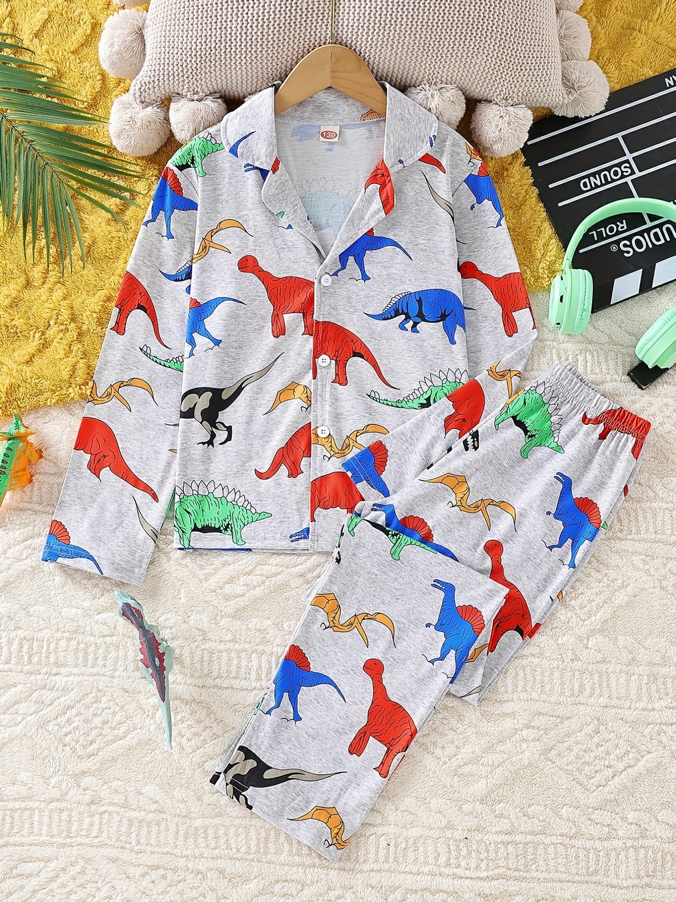 Boys Dinosaur Print Long Sleeve Pajama Set