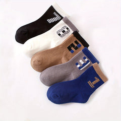5 Pairs Boys Casual Number Graphic Print Soft Socks For Spring Summer Kids Teen