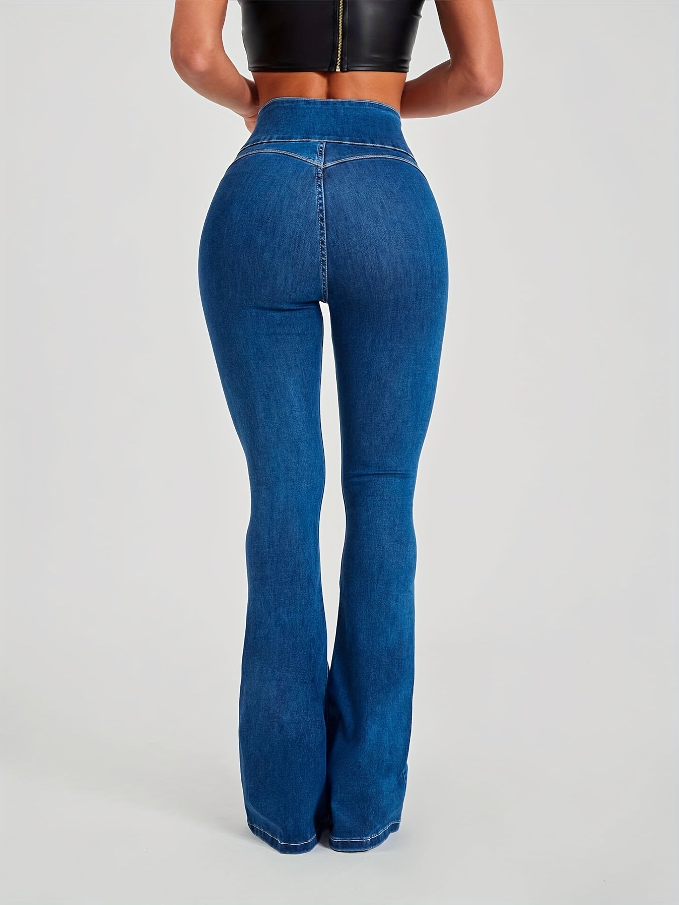 Mid Waist Flare Leg Jeans Sexy Medium Strech Button Fly Denim Pants
