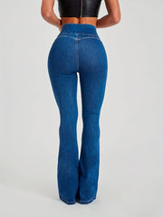 Mid Waist Flare Leg Jeans Sexy Medium Strech Button Fly Denim Pants