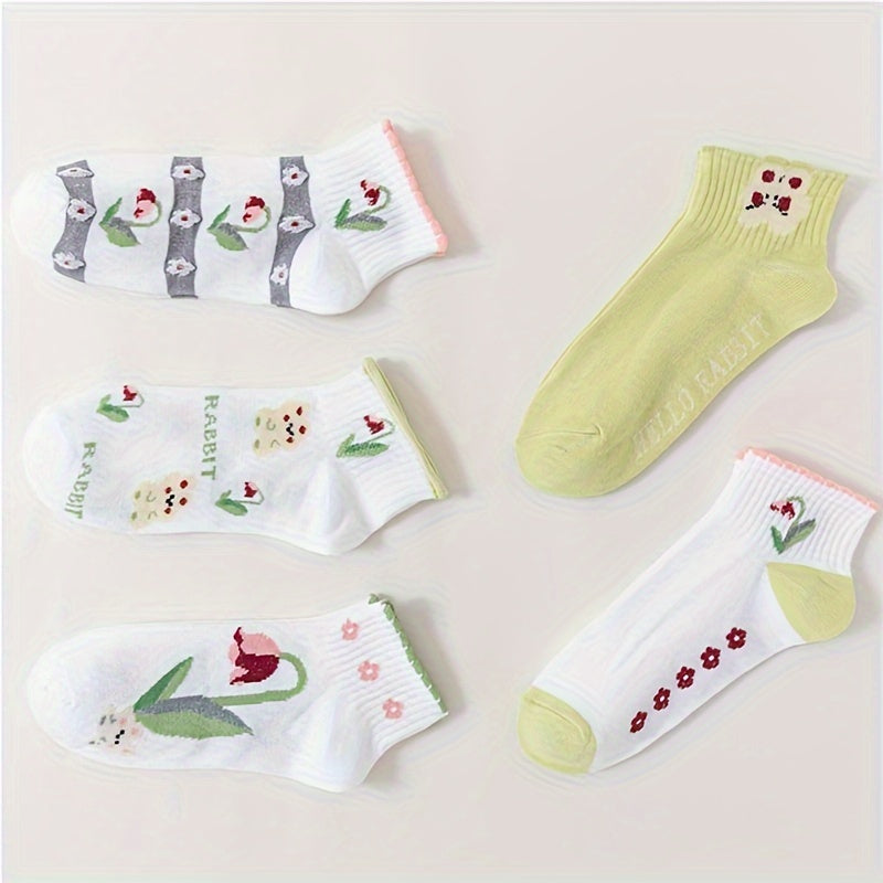 5 Pairs Floral Print Short Socks Women's Stockings