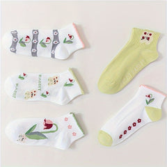 5 Pairs Floral Print Short Socks Women's Stockings