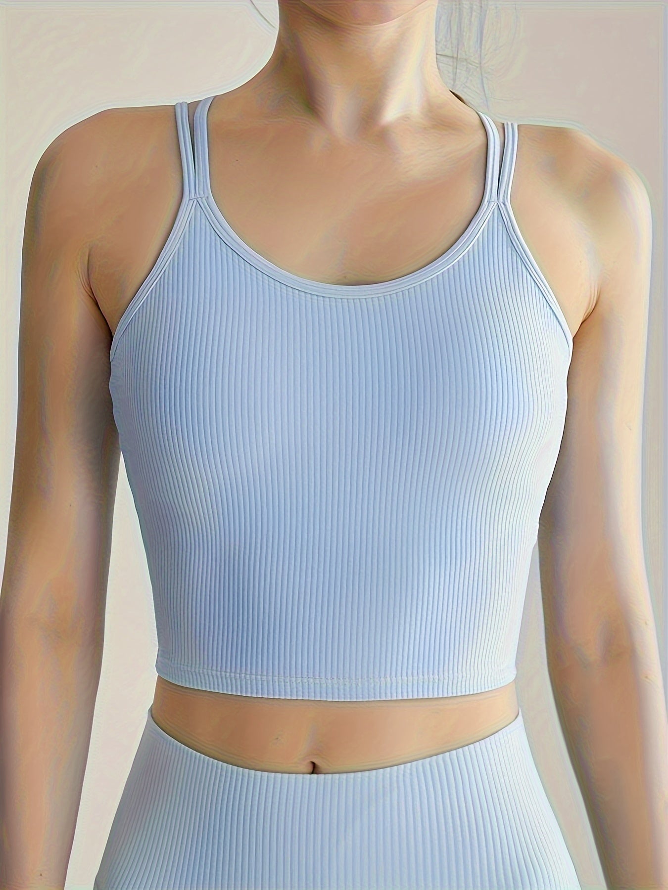 Rib Knit Sports Top Round Neck Slim Fit Stretch Fitness Bra Women's Activewear
