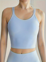 Rib Knit Sports Top Round Neck Slim Fit Stretch Fitness Bra Women's Activewear