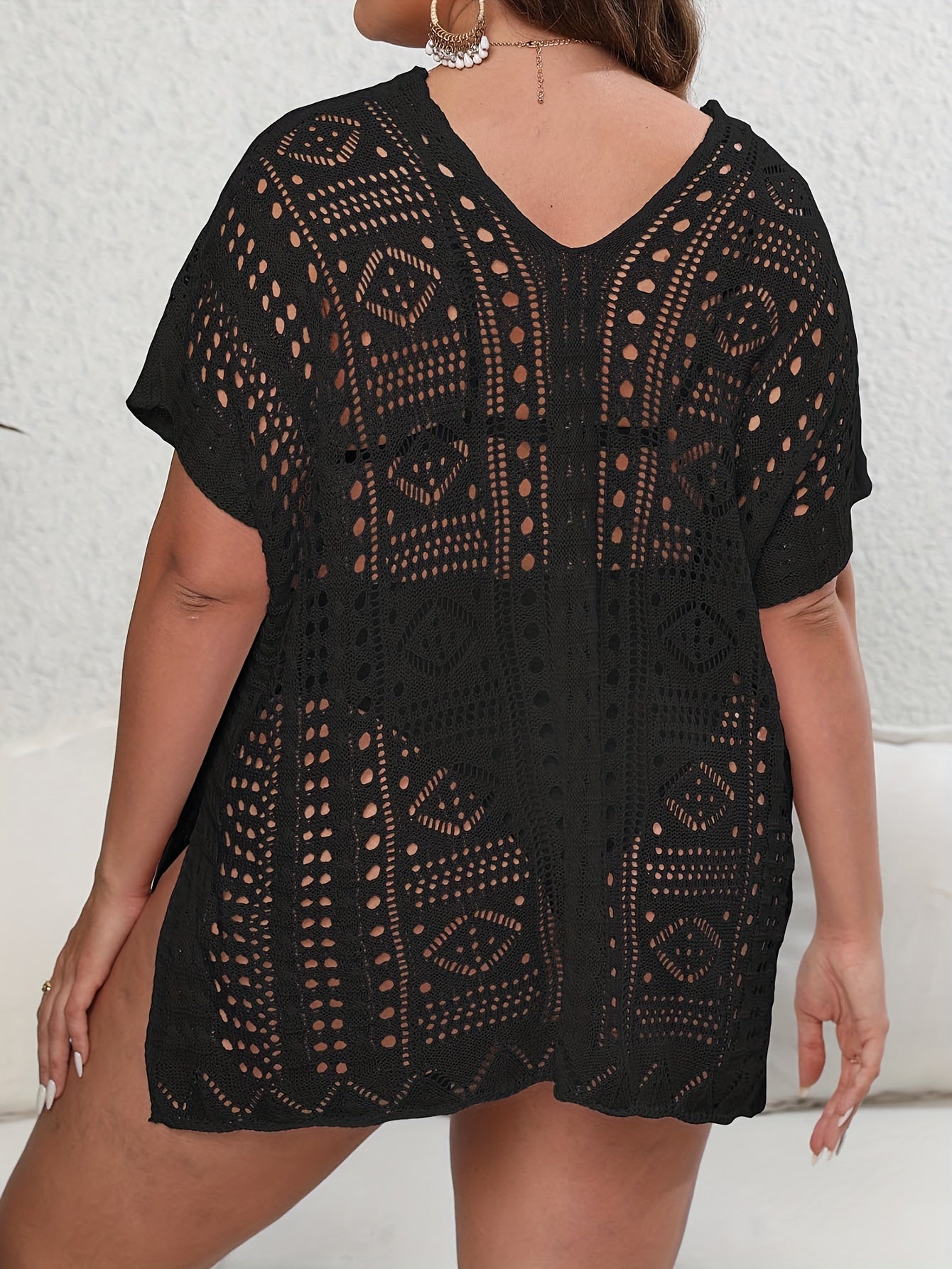 Sexy Cover Up Women's Plus Solid Hollow Out Batwing Sleeve V Neck Sp