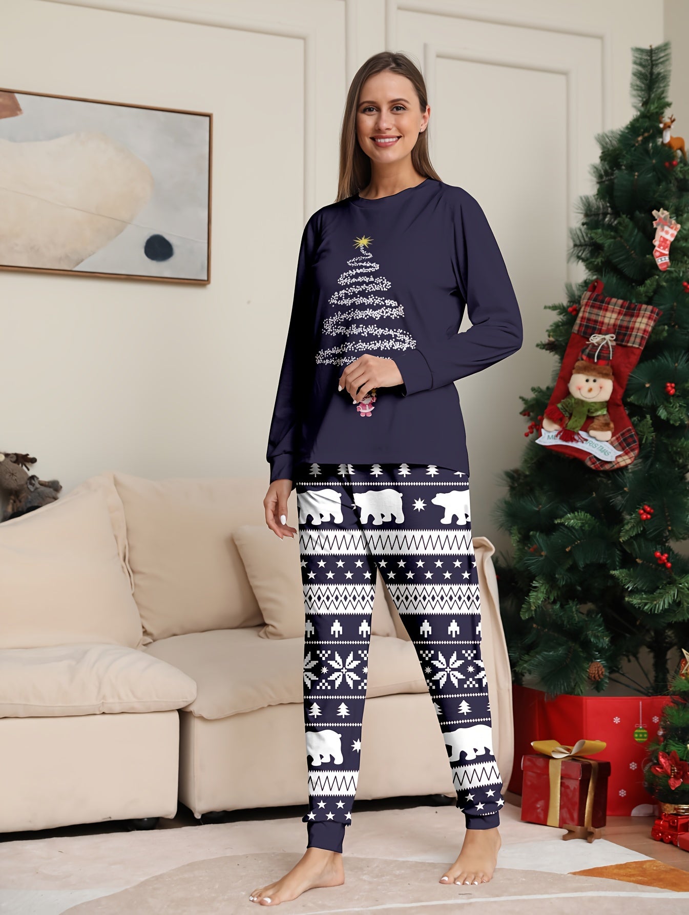 Christmas Print Pajama Set Long Sleeve Top & Pants