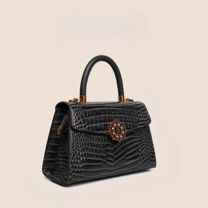 Faux Alligator Grain Handbag with Golden Tone Metal Emblems