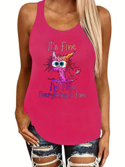 Cartoon Cat Print Tank Top for Women