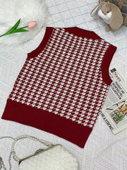 Girls Houndstooth V Neck Knitted Sweater Vest