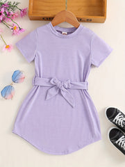 Girls Princess Dress Bow Knot Short Sleeves Crew Neck Kids Clothes