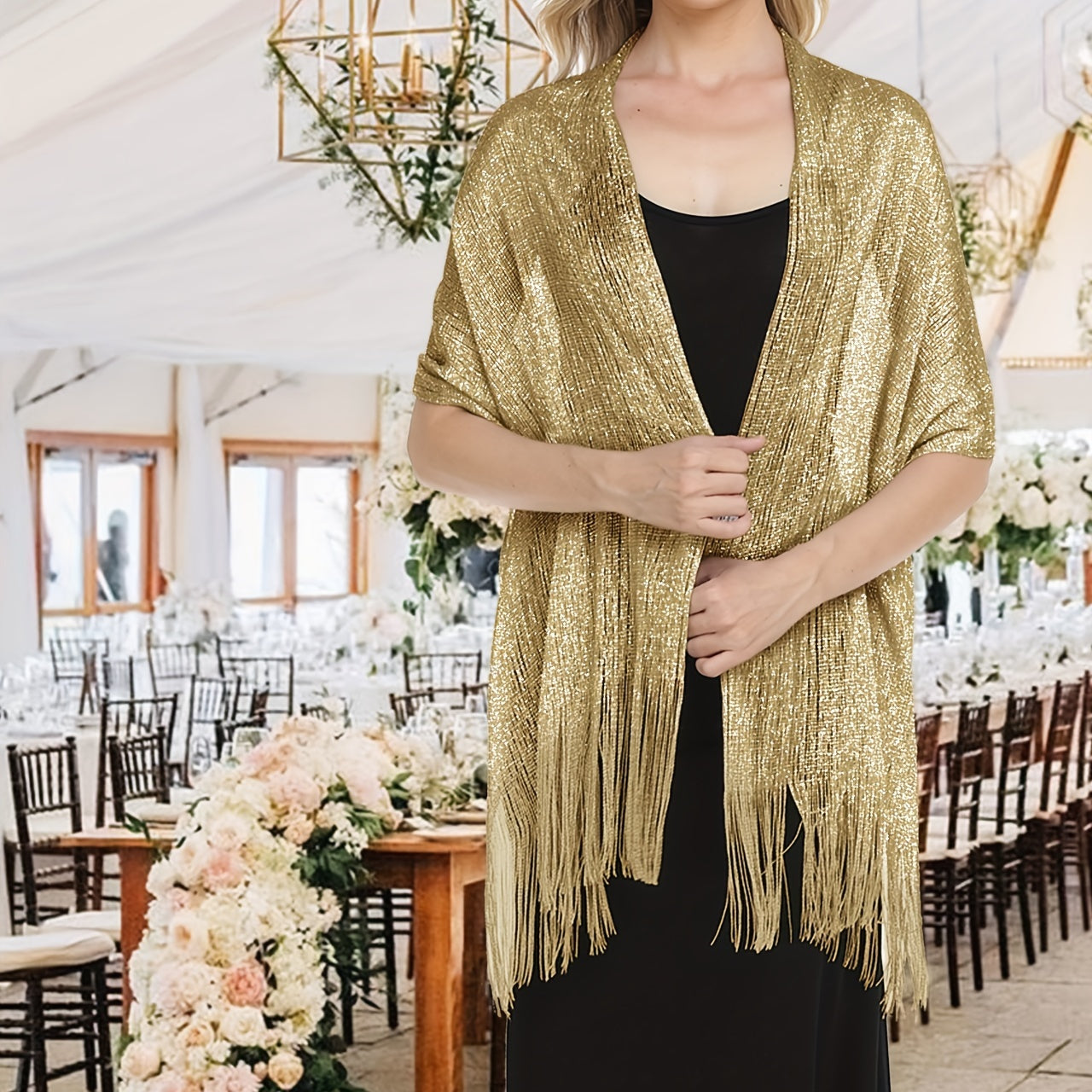 Metallic Shawls Round Buckle Tassel Wraps Scarf For Evening Party Wedding