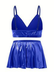 Metallic V Neck Bra & Pleated Mini Skirt Set