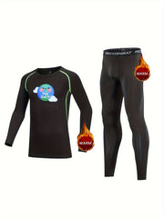 Kids Compression Fleece Sets Cartoon Pattern Crew Neck Pullover & Matching Pants