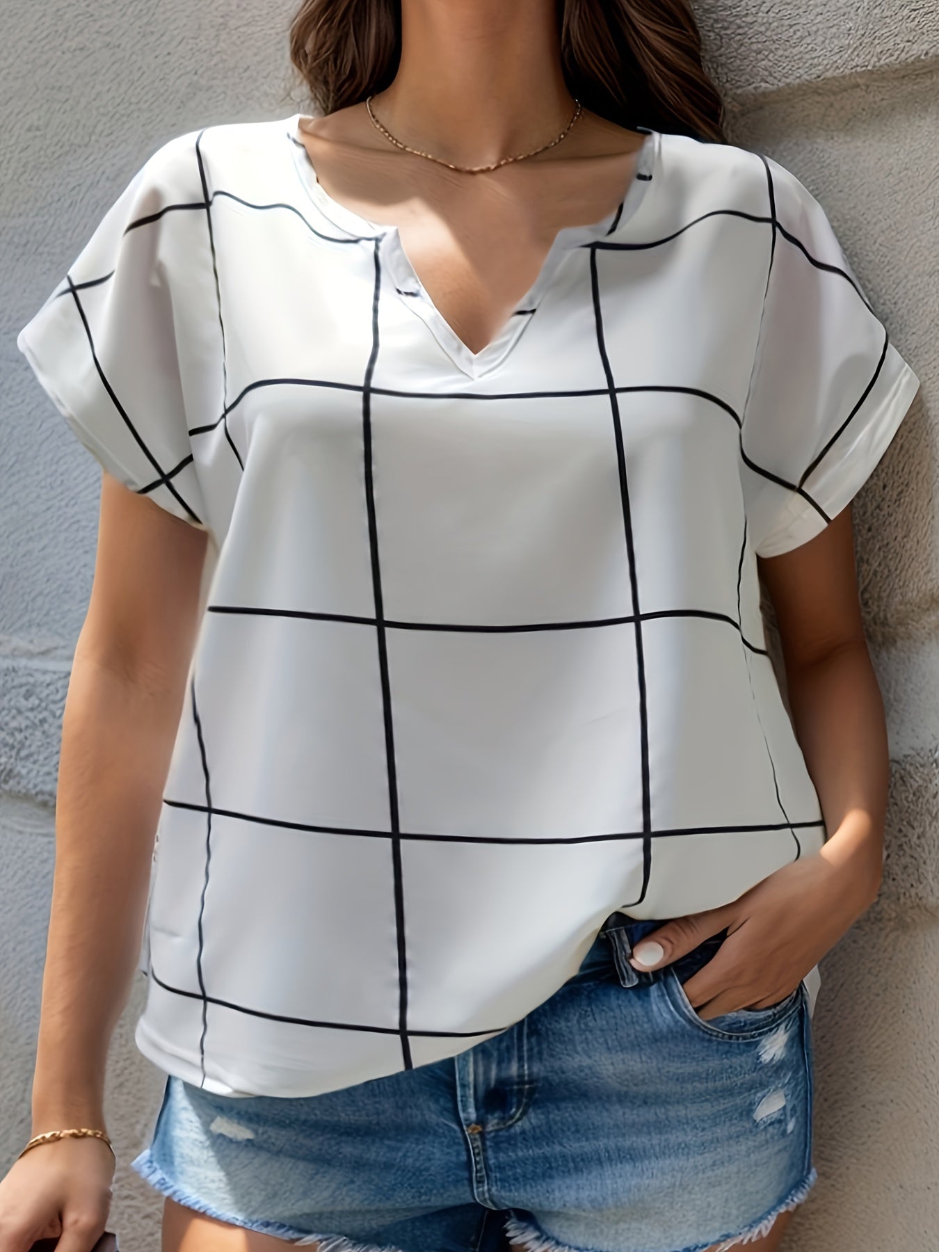 Plaid Print Batwing Sleeve Notched Neck Shirt Top