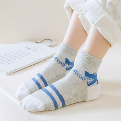 5 Pairs Kids Mesh Breathable Crew Socks Cartoon Crocodile Stripe Design
