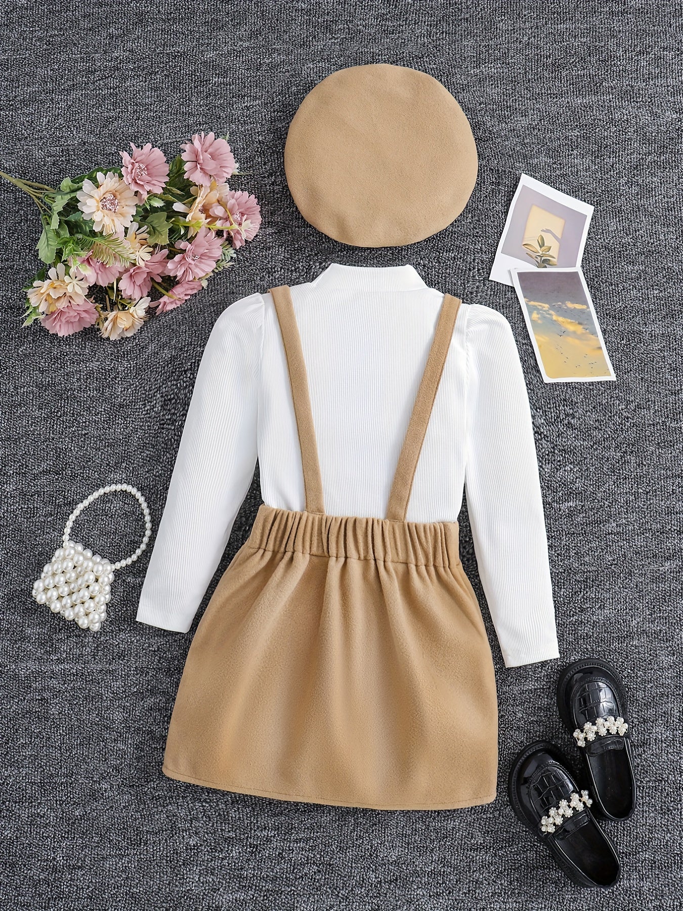Long Sleeve Top & Suspender Skirt Girl's Set With Hat