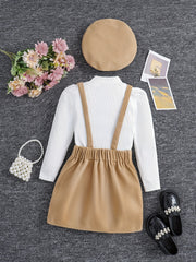 Long Sleeve Top & Suspender Skirt Girl's Set With Hat
