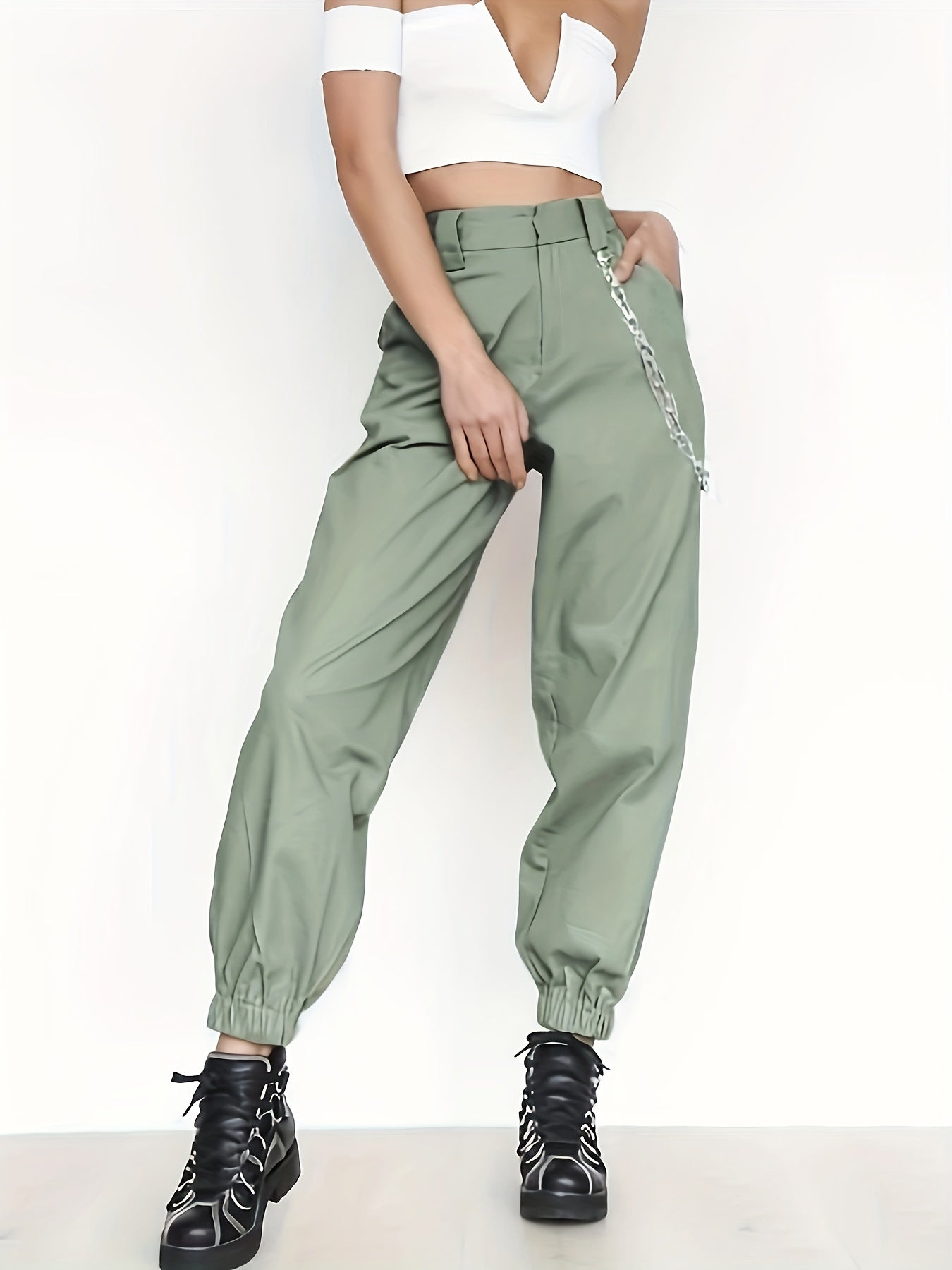 Solid High Rise Jogger Cargo Trousers with Pockets