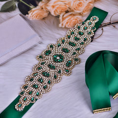 Green Satin Ribbon Belt with Rhinestone and Pearl Embellishments