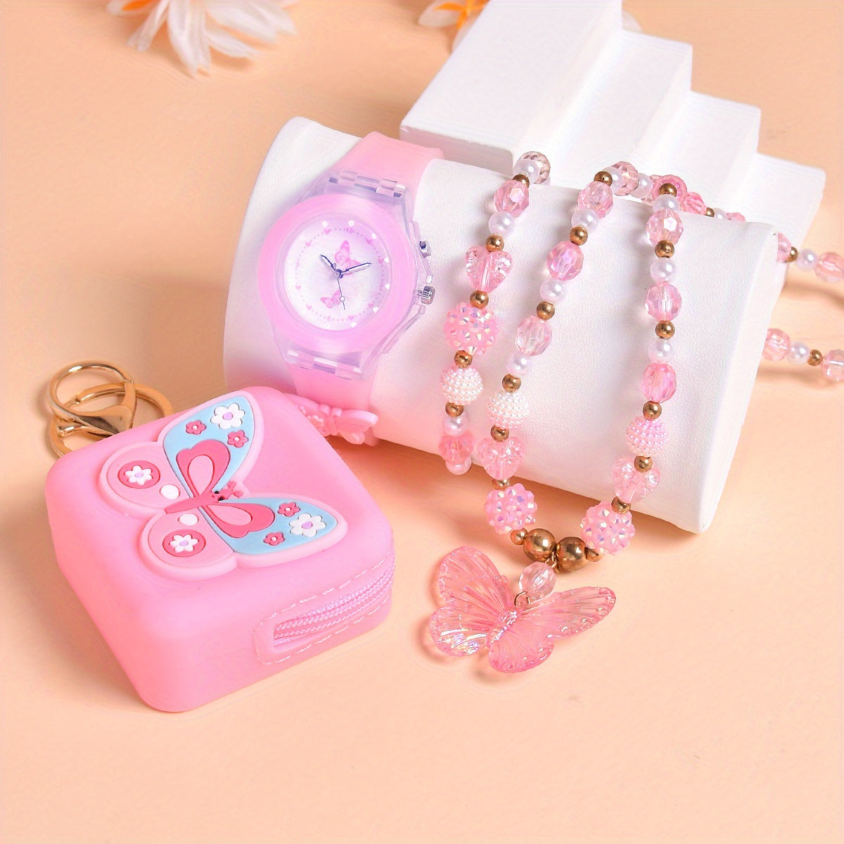Girls Butterfly & Floral Quartz Watch Silicone Bracelet Set