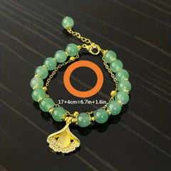 Green Jade Bracelet With Ginkgo Leaf, Perfect Gift for Her