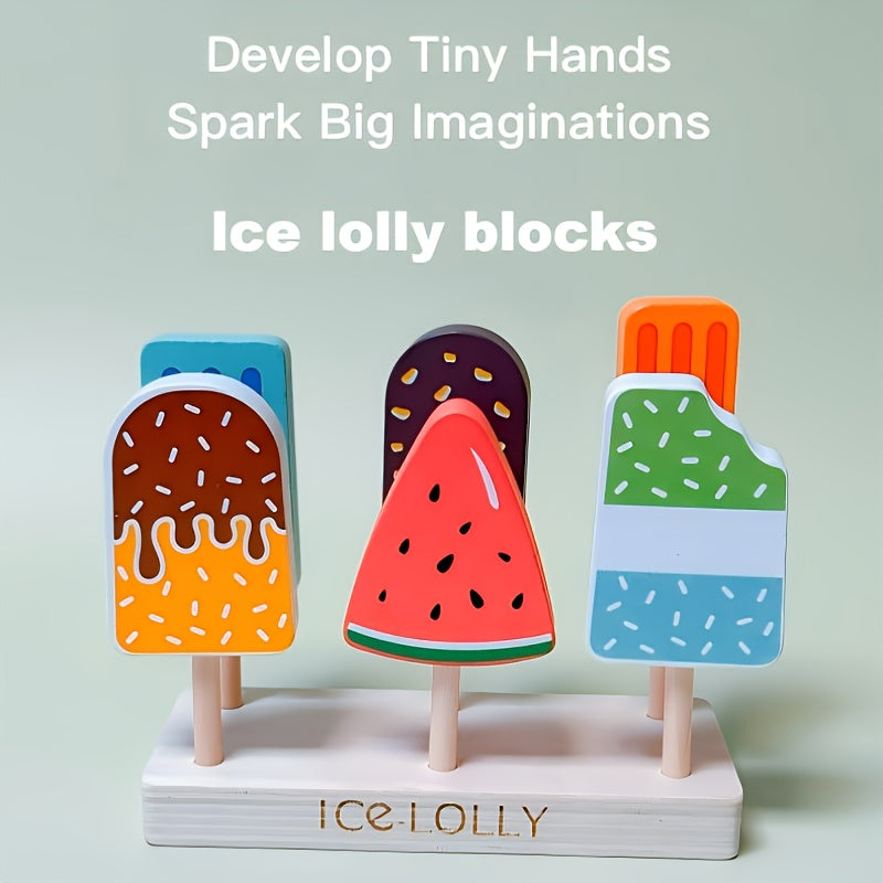 Wooden Toy Ice Cream Pretend Playset with 3 Colorful Sandwiches