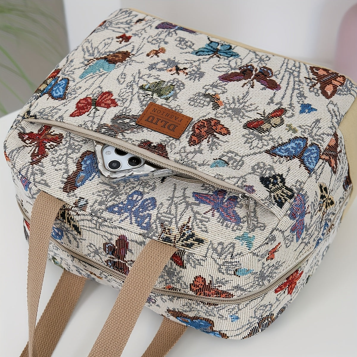 Vintage Style Nylon Lunch Bag Insulated Large Capacity Zippered Thermal Tote