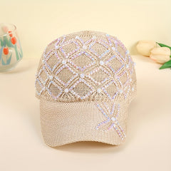 Beige Knit Baseball Cap with Faux Pearl Rhinestone Decor