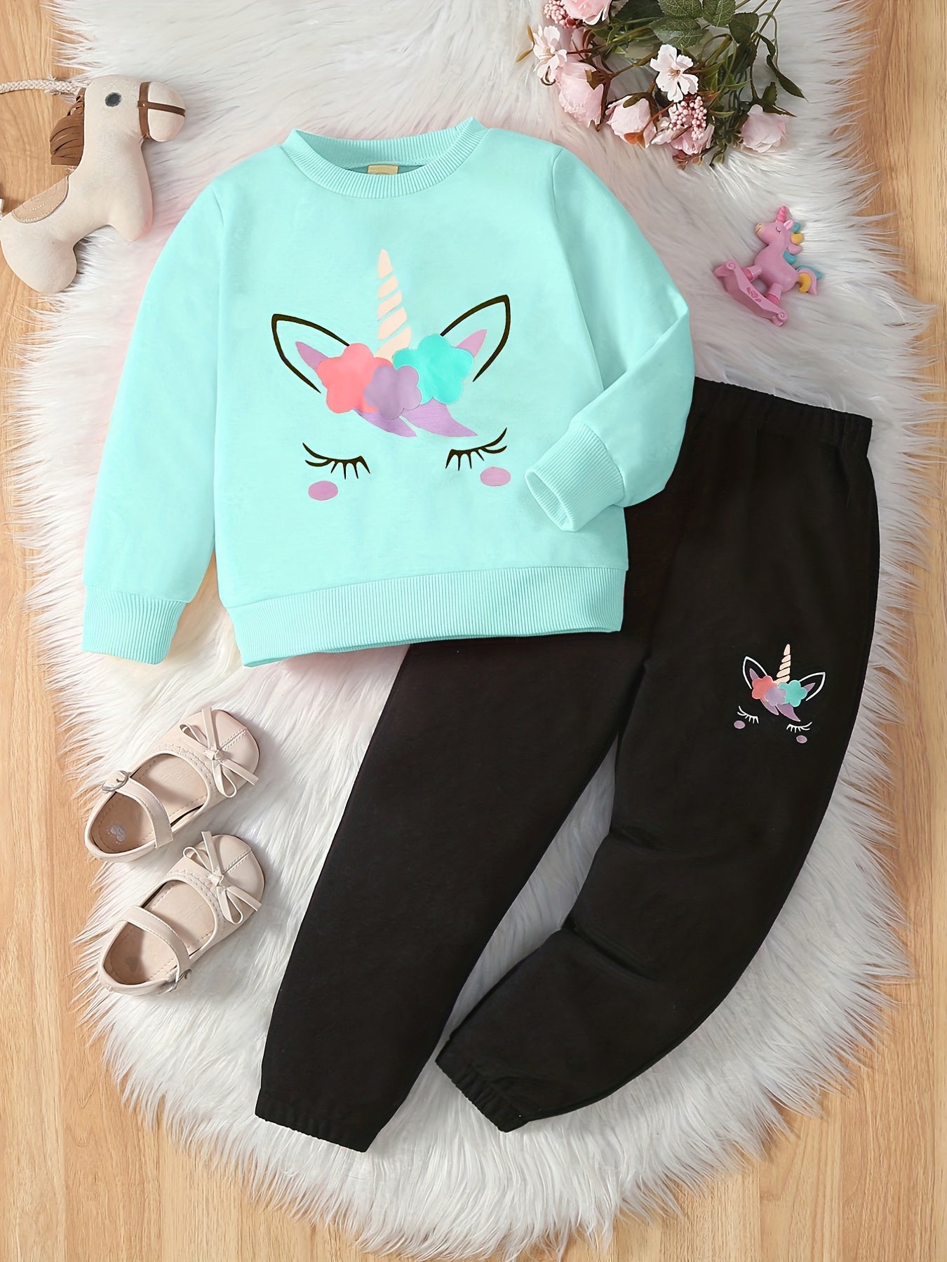 Cartoon Unicorn Print 2pc Sweatshirt & Sweatpants Set for Girls