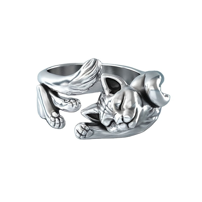 Vintage Silver Plated Cat Totem Ring - Kitty Opening Cat Ring