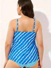 Modest Tankini Set - Striped Print Round Neck Cami Top & Pants