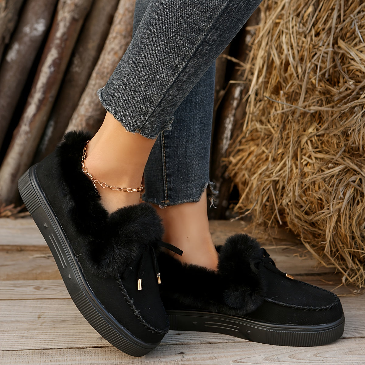 Plush Lined Furry Flat Skate Shoes