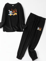 Christmas Lounge Set Women's Plus Cartoon Snowman & Elk Print Long Sle