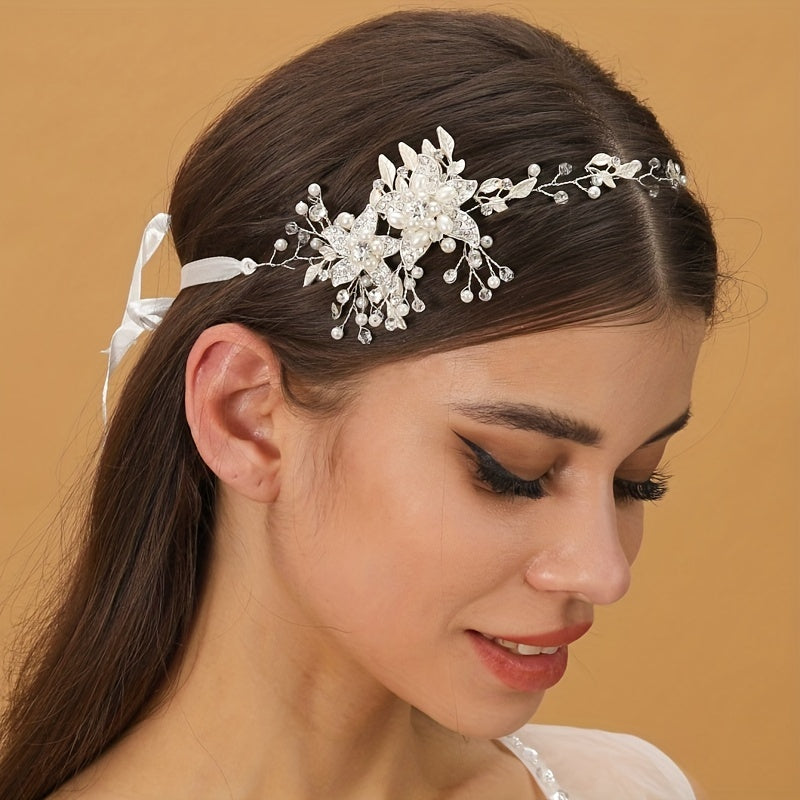 Crystal Faux Pearl Headband Tiara Golden Rhinestone Flower Hairband