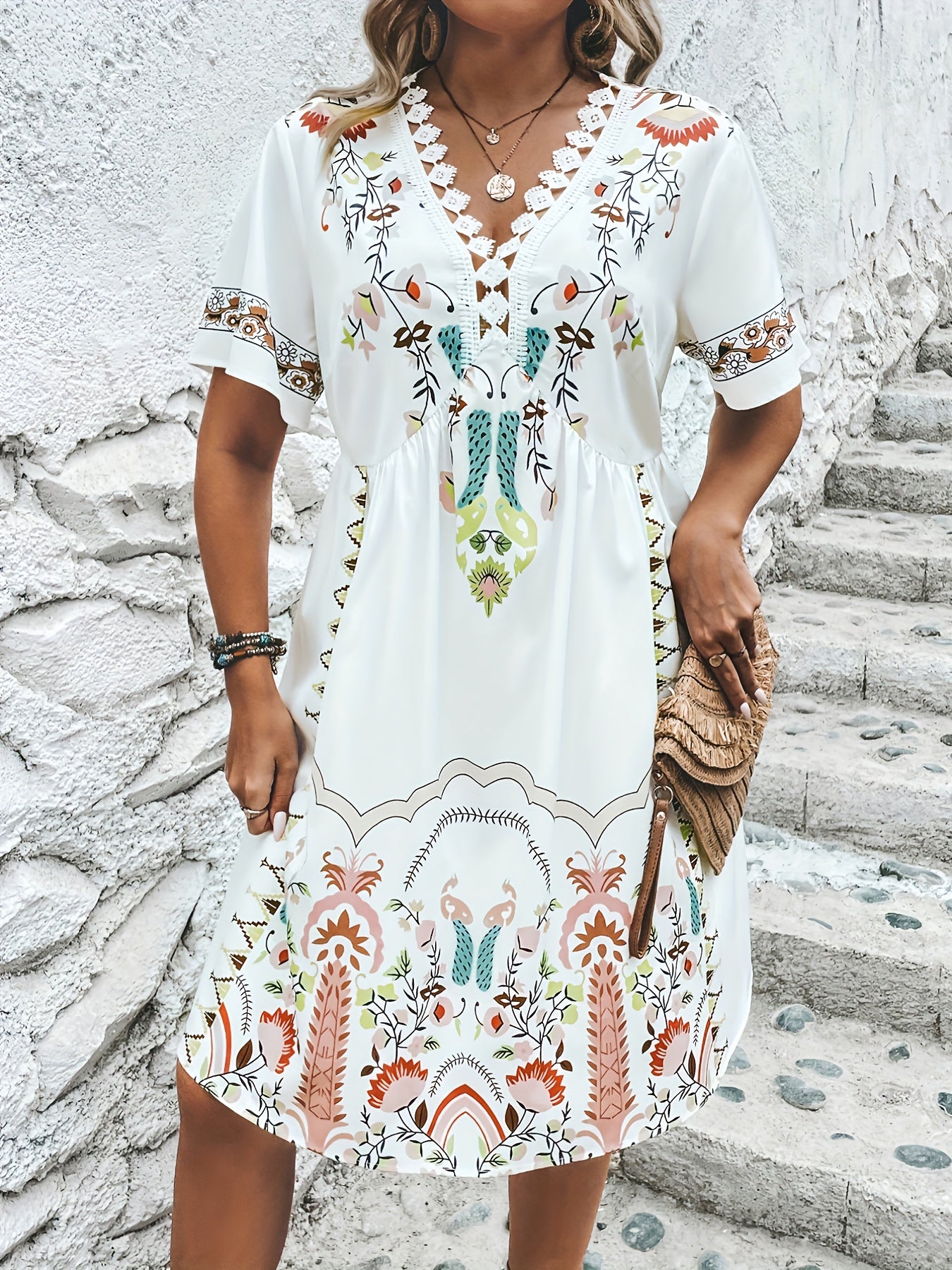 Plus Tribal Print Lace Panel V Neck Vacay Dress