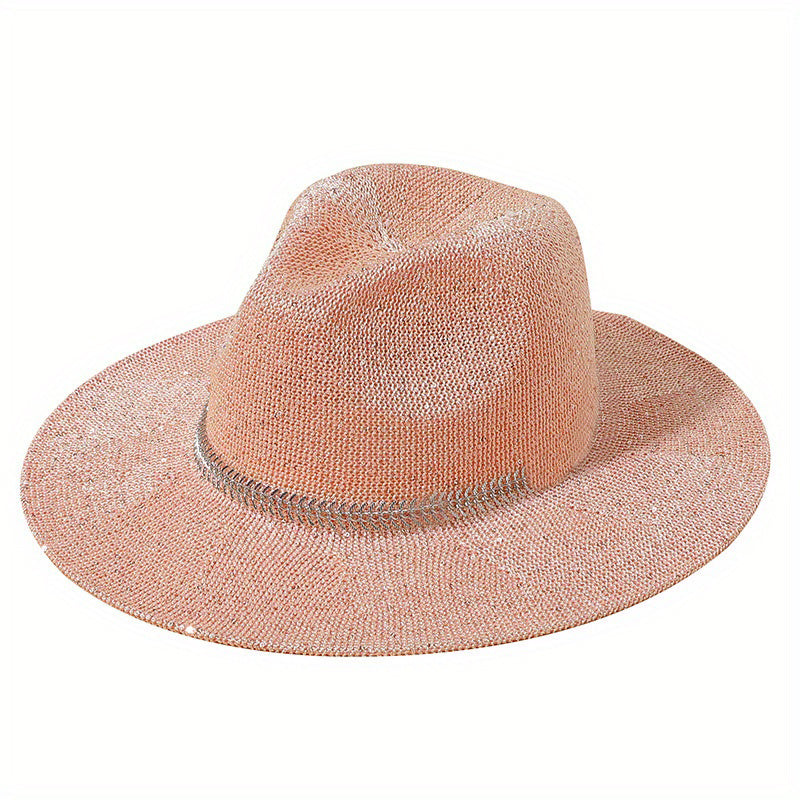 Sequins Sparkling Y2K Sun Hat Chain Decor Solid Fedora Cap