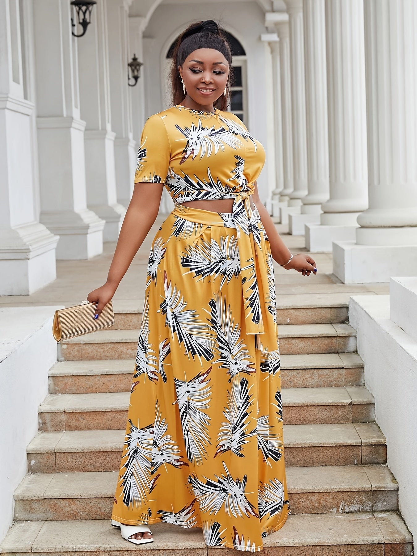 Floral Print Plus Size Crop Top & Maxi Skirt Set