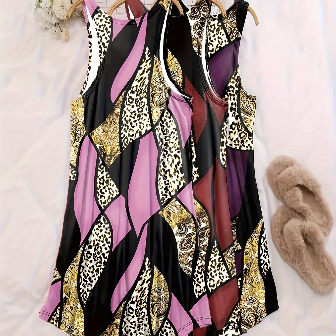 3 PC Plus Size Retro Loungewear Dress Set Leopard & Paisley Print