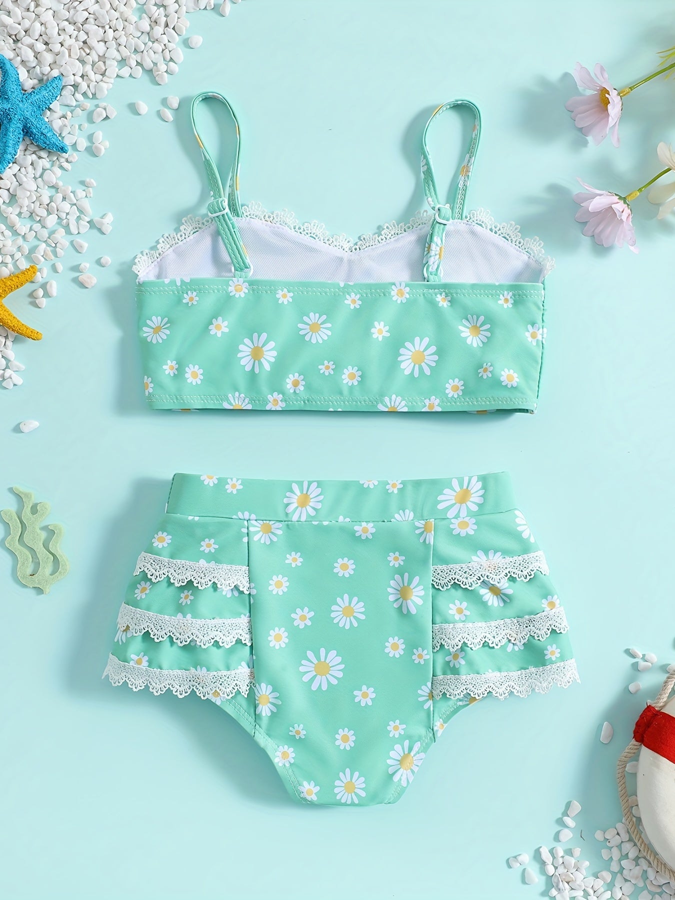 Girls Daisy Cami Top & Lace Trim Shorts Bikini Set