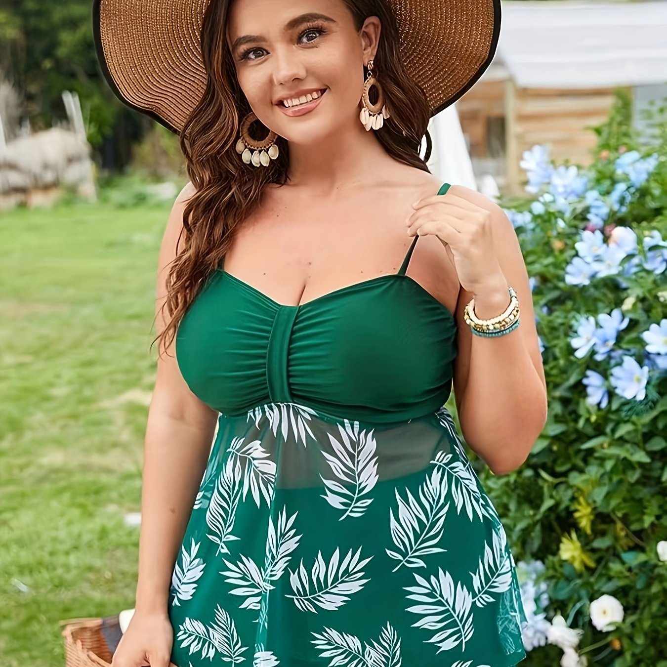 Vacay Tankini Set Tropical Print Mesh V Neck Top & Shorts