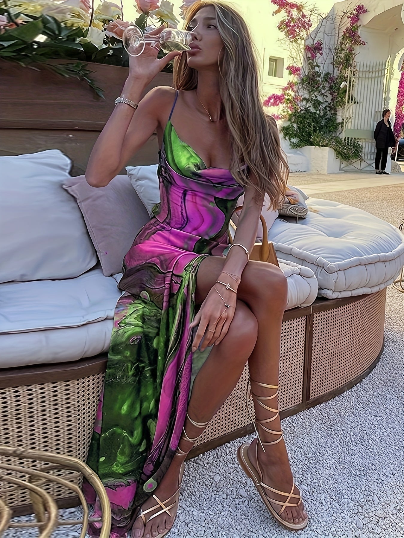 Abstract Print Split Thigh Cami Dress Women's Party Dress
