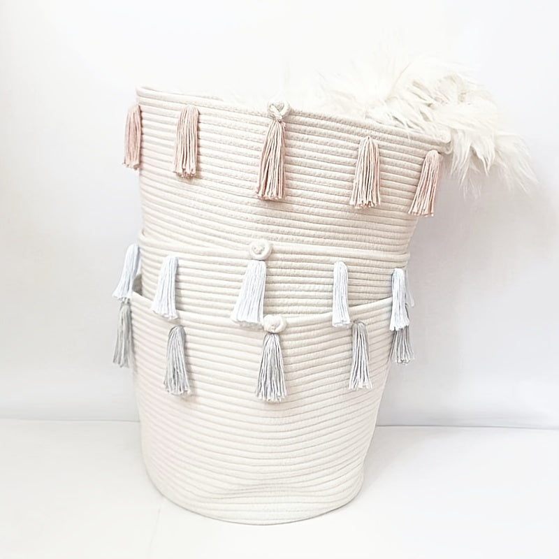 Handcrafted Tassel Cotton Rope Toy Storage Basket for Kids