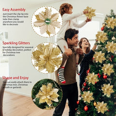 10pcs Artificial Flowers Christmas With Clips Stems Xmas Tree Ornaments Golden